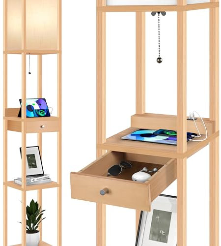 OUTON Lampada da Terra a LED con Cassetto, 3 Temperature di Colore, Timer 1H, Lampada da Terra con 2 Porte USB, Lampade da Terra per Soggiorno, Camera da Letto, Ufficio (Legno)