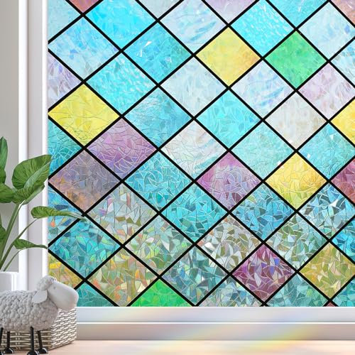 Zindoo Vinilos para Cristales Vinilo Adhesivo Cristal Efecto Arcoiris 3D 44.5 × 400cm Proteger la Privacidad Anti UV Decorativo para Dormitorio, Sala, Comedor, Cocina