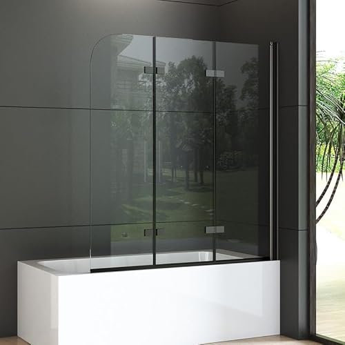Duschwand für Badewanne 140x140cm 3-teilig Schwarz Glas Duschabtrennung Faltbar Badewannen Badewannenaufsatz Duschtrennwand Badewannenwand mit 6mm NANO Sicherheitsglas Duschwand