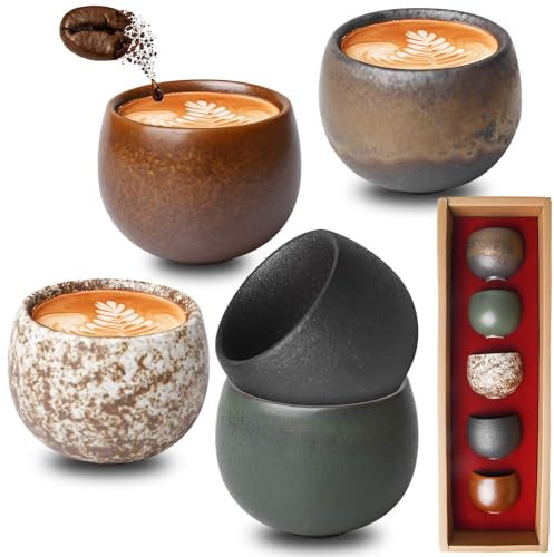 Espressotassen Set 5-teilig, 50 ml Dickwandig Keramik Espressotassen, Ohne Henkel, Hochwertige Espresso Tassen aus Steingut Ideal für Espresso, Mokka, Tee, Geschenk für Frauen Männer