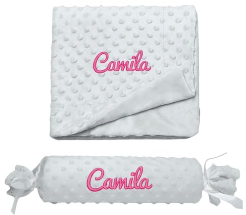 Various Manta y Cojin Personalizado para bebé Recien Nacido, Personalizado con su Nombre Bordado. (Gris)