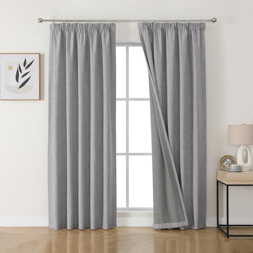 Joydeco 100% Blackout Curtains Bedroom 55 x 96 Inch Drop, Faux Linen Pencil Pleat Thermal Insulated Drapes with Coating Back Layers for Room Darkening Privacy Protection, 2 Panels, Light Grey