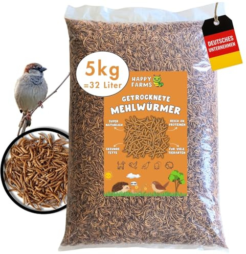 HappyFarms vers de Farine séchés - 5 kg - Nourriture Naturelle de qualité supérieure pour Oiseaux Sauvages, Reptiles et hérissons