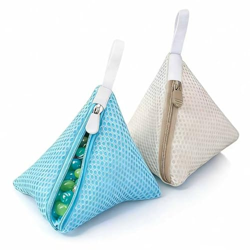2 Pcs Mini Triangle Net Bags, Laundry Bag for Washing Machine (Cream+Blue) | For Colour Catcher Sheets, Thickened Polyester Mesh, Hanging Loop, Hidden Zipper, Laundry Beads, Travel Storage