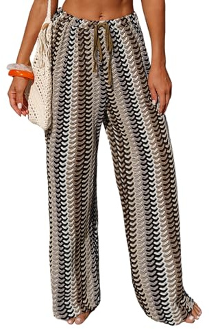 ZAFUL Womens Beach Cover Up Pants Sexy Crochet Drawstring Elastic Boho Swimsuit Cover Up Long Pants Beach Wear Brown S