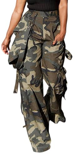 Vakkest Women's Camo Cargo High Waist Pants Elastic Waist Straight Wide Leg Camouflage Trousers Multiple Pockets