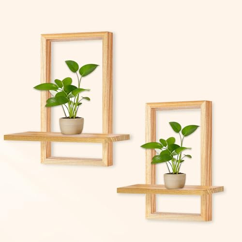 YIYA 2 Piezas Estantes de Madera para Decoración de Pared Estante de Pared Moderno Boho Estante Flotante Bohemio para Plantas Fotos Decorativos Salón Baño Dormitorio (Brillante)
