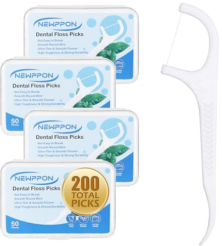 Newppon 200 Count Dental Floss Picks – Unflavored Floss Sticks with Built-in Toothpick – 4 Boxes of 50 – Strong & Smooth Dental Flossers for Family Oral Care at Home Office & Travel – Adults & Kids