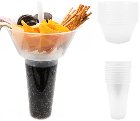 Juego de 10 vasos para aperitivos 2 en 1 con cuenco reutilizable y vaso de 500 ml – Vasos de fiesta con pajita para patatas fritas, palomitas de maíz, dulces y mucho más – To-Go Cup para viajes coche