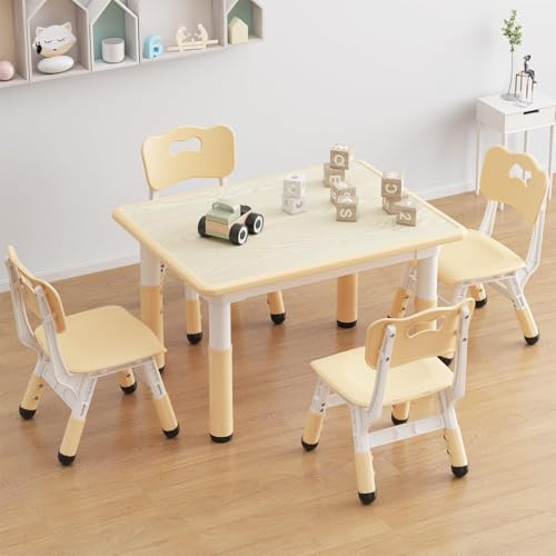 OPULENTHOME Barnbord med stol - justerbar höjd, barnskrivbord med 4 stolar halkfri design, skrivbordsset för sovrum och dagis klassrum (naturlig)