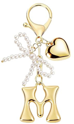 MWOOT Porte-clés avec Lettre Initiale Dorées pour Femme, Porte Clef Alphabet avec Pendentif Cœur et Nœud en Perle, Mignon Bijoux de Sac(M)