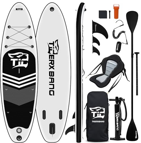 TIGERXBANG Inflatable Stand Up Paddle Board 10'6 (320 x 82 x 15 cm), Black Tiger Collection SUP with Kayak Seat, Double-Blade Paddle and Accessories for Adults and Kids