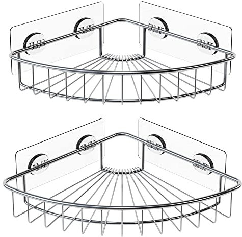 HEETA 2-Pack Corner Shower Caddy, Wall Mounted Storage Basket Shelve Adhesive, Bathroom Shelf Organiser for Shower Toilet Dorm Kitchen, SUS304 Stainless Steel No Drilling (Silver)