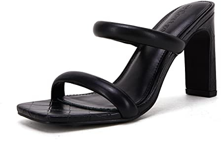 Coutgo Womens Square Open Toe Heeled Sandals Two Strap high Heel Backless Dress Slip On Mules