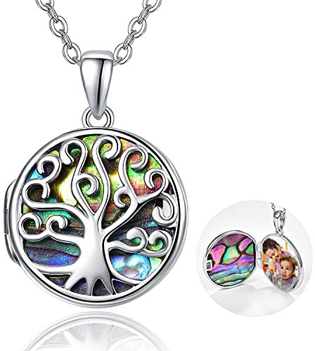 TANGPOET Medaillon Halskette Lebensbaum Foto 925 Sterling Silber Baum des Lebens Medaillons Anhänger Bilder Halskette mit Abalone Geschenk für Frauen Mädchen Familie