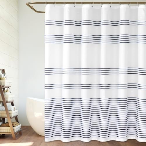 Vangao Duschvorhang mit Haken für Badezimmer, gestreift, bedruckt, wasserabweisend, 178 x 183 cm, Blau / Weiß