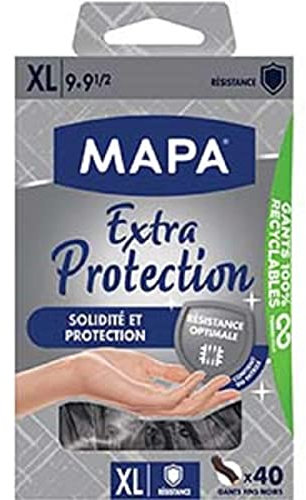 MAPA - Extra Protection - Gants Fins en Vitrile Non Poudrés - Recyclables avec TerraCycle® - Solidité et Protection - Boîte de 40 gants - Taille XL, Noir