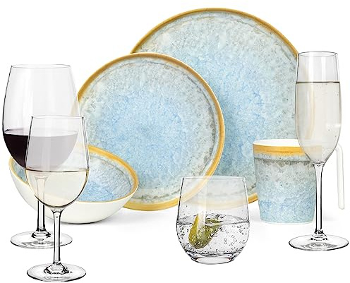 Set di stoviglie da campeggio in melamina, per 4 persone, colore: blu cristallo + 16 bicchieri Tiamo, bicchieri da vino, champagne