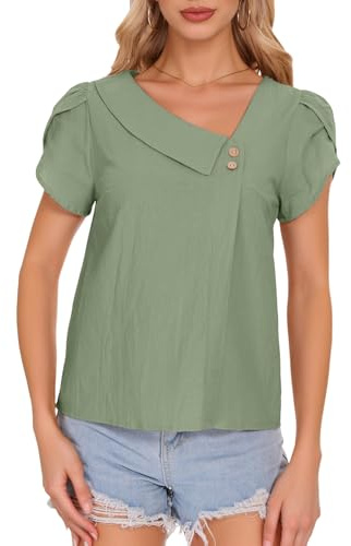 Atxnn Camicia Donna Estivi Manica Corta Blusa da Donna Tops Cotone Camicetta Elegante con Scollo a V Casual Top di Colore Puro Manica da Donna T Shirt