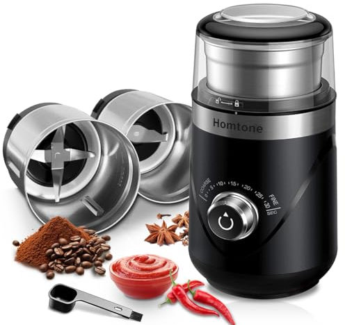 Homtone Elektrisch Kaffeemühle Gewürzmühle mit Timer, Einstellbare Mahlgrad Kaffeemühle mit Zwei 70g Abnehmbare Edelstahlbehälter, Kaffeemühle Leise 63 dB