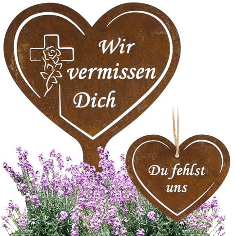 BOFUNX 2 Stück Grabstecker Herz Trauerdekoration Metall Rost Grabschmuck Wir vermissen Dich Du fehlst Uns Herz Anhänger Rost Deko für Grabdekoration Friedhof Grabstecker Friedhofsdeko