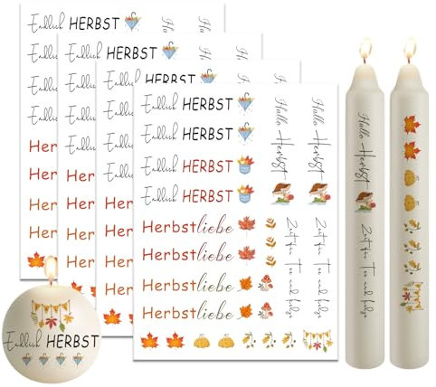 Bolosa 4 Stück Kerzentattoos Herbst, Rub on Sticker Herbst Tattoo 19x14cm, Kerzen Tattoo Herbst, Kerzentattoo Herbst Dekoration, Kerzenfolie Herbst, Wasserschiebefolie für Herbst Deko(A)