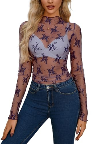 Top sexy da donna in rete trasparente Top trasparenti in rete camicia trasparente, Blu scuro, M