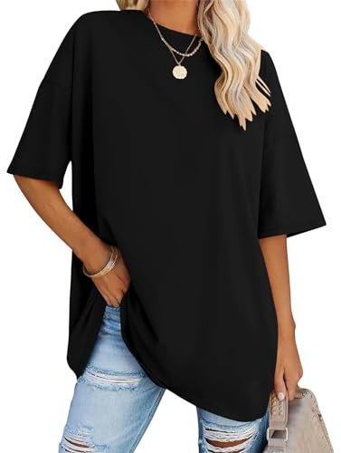 Rapbin Damen Oversized T Shirts Rundhals Kurzarm Bluse Sommer Tops Oberteil Mode Tunika 2025 (Schwarz,XXL)