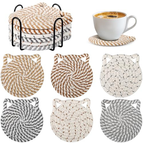 Gucass Untersetzer Gläser 6er Set, Runde Glasuntersetzer mit Halter, Boho Untersetzer aus Baumwolle, rutschfest & Saugfähig, Tassenuntersetzer für Küche, Bar und Büro, ideal für Wohnzimmerdeko
