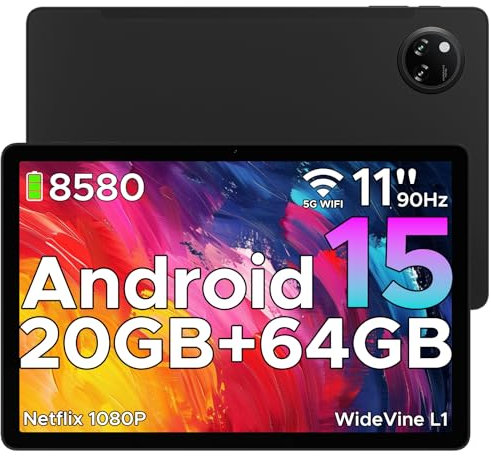 DOOGEE Tab A9+ Android 15 Tablet 11 Zoll, Unisoc T7200 Octa-Core 8580mAh Gaming Tablet Android 20GB RAM+64GB ROM(TF 2TB), WiFi5 Tablets PC, 90Hz-1080P, WidevineL1/Face ID/OTG/GPS/Dual Speaker