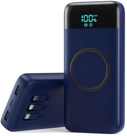Batería Externa Inalámbrico, 7 en 1 Power Bank Carga Rápida 26800mAh con 3 Puertos y 3 Cables, 25W PD3.0+QC4.0 Cargador Portátil Externo con Pantalla LCD Compatible con iPhone Huawei Samsung-Azul