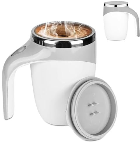 Selbstrührender Becher, 380ML Selbstrührende Tasse Edelstahl Elektrische Self Stirring Mug Automatische Magnetische Rührbecher Kaffeetasse Magnetrührer für Kaffee Milch Tee Reisen Küche (Weiß)