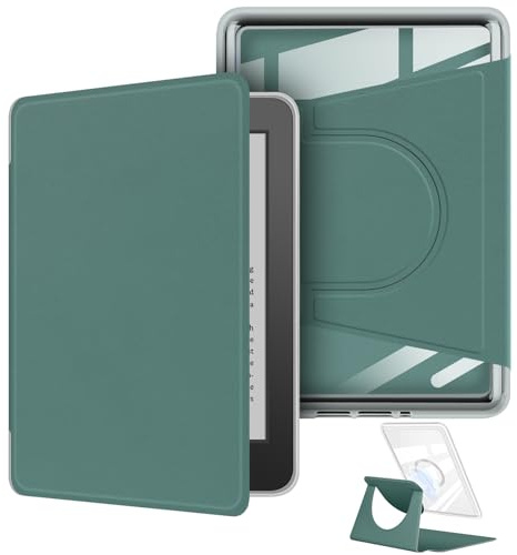 360 graders roterande fodral för Kindle 6 tum (11 Gen 2022), avtagbar magnetisk design, justerbart stativ, transparent baksida med automatisk standby/väckarklocka, mörkgrön