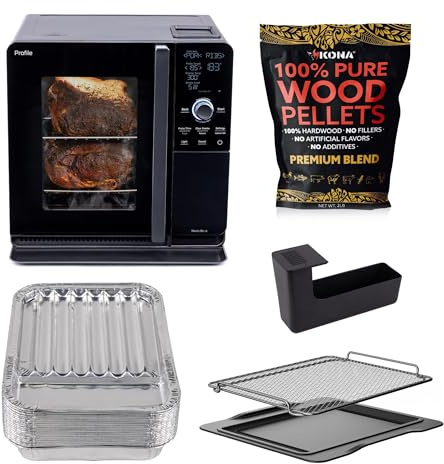 GE Profile⢠Smart Indoor Pellet Smoker + Accessories Bundle, Includes Four 1lb Bag, Strainer, 20-pack of Drip Pan Liners, and Prep Tray, Stainless Steel, Carbon Black