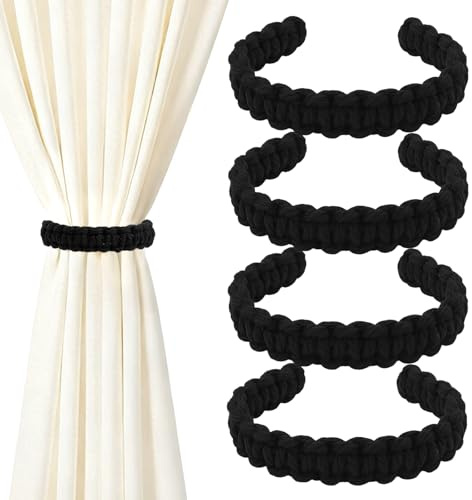 TAIVIN 4 Piezas Alzapaños para Cortinas,Alzapaños de Algodón Tejido a Mano,Alzapaños Cortinas Boho,Adecuado para dormitorios, Salas de Estar y oficinas (Negro)