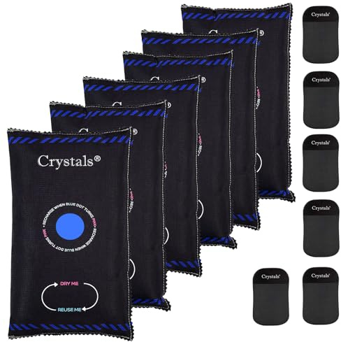 Crystals 6 x 1KG Reusable Car Dehumidifier Bags/Powerful Moisture Absorber for Car, Van, Caravan, Boat & Home/Prevents Damp, Mould & Condensation, Keeps Windows Clear, Includes Anti-Slip Pads – Black