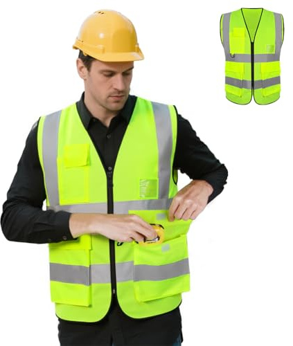 Adiwo Pocket Reflective Vest, High Visibility Reflective Safety Jacket, Hi Vis Vests for Women Men with Zipper, 5 Pockets for Construction Oudoor Cycling, Fluorescent Green/Magenta, 4XL/3XL/2XL/XL/L/M
