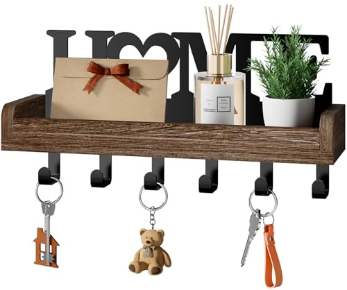 HapiRm Key Holder for Wall - Key Hooks Wall Mounted with Wood Tray & 6 Hook | Adhesive or Screw Mount Install, Wooden Key Hanger for Hallway, Entryway, Office &Bedroom, Key Rack for Keys, Mail , Wallet