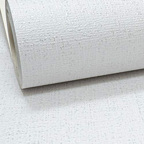 White Thick Textured Silver Glitter Vinyl Wallpaper Shimmer Linen Effect Plain