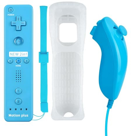 QUMOX 2 en 1 Manette pour Wii, Manette Nunchuck, Contrôleur Télécommande, Console Remplacement, Built in Motion Plus, avec Etui de Protection en Silicone pour Wii et Wii U Bleu