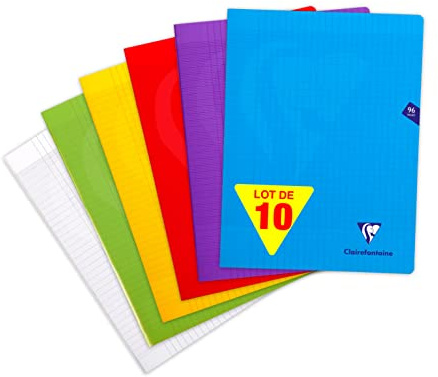 Clairefontaine 303361C Lot de 10 Cahiers Agrafés Mimesys - 24x32 cm - 96 Pages Grands Carreaux - Papier Blanc 90 g - Couverture Polypro Transparent - Couleurs Aléatoires