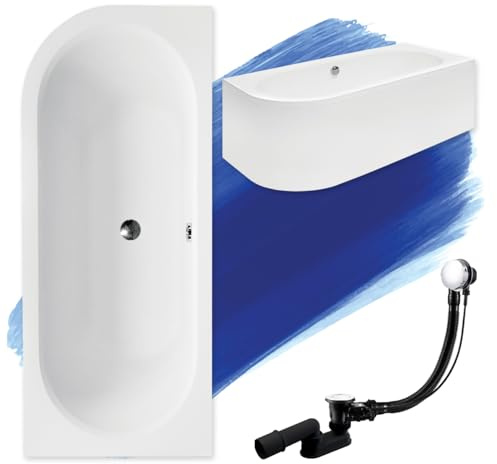 BADLAND Original Badewanne 150x75 cm Rechts Acryl KOMPLET KOMPLETTSET SET Schürze Siphon Wanne Eckwanne Ecke Eckbadewanne Weiß Design Modern Ablaufgarnitur in Chrom für 2 Personen Made in EU 4in1