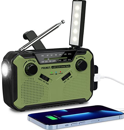 Portable Radio Dynamo Survie, PRUNUS J-369 AM/FM Radio à Pile avec 3000mAh Power Bank/SOS Alarm/Lampe Poch/Panneau Solaire, Haut-parleurs, Ourdoor, Emergency.