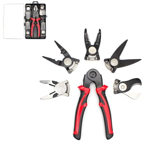 FISHTEC - Pince Multifonction 5 En 1 À Têtes Interchangeables - Universelle Dénuder Long Bec Coupe Câble Ciseaux Matériaux CRV60 4Cr13 Acier Carbone Manche TPR Boîte ABS 300 g Atelier
