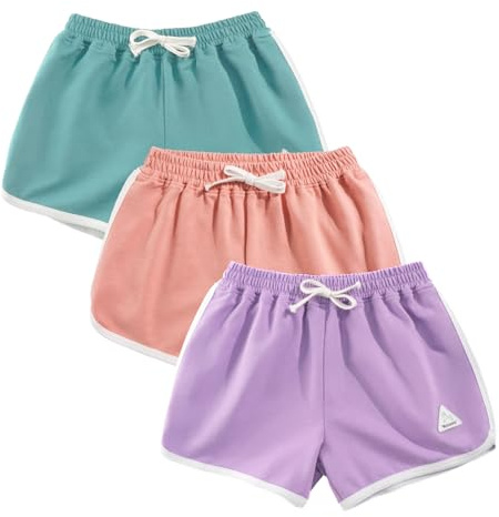 Rolanko Girls Sports Shorts, Cotton Summer Contrast Binding Dolphin Short Pants, Kids Athletic Gym Wear for Running and Dancing, 3 Packs (Purple Pink Green, Size: 140, 8-9 Years)