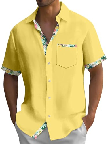 Generic Men's Yellow XL Hawaiian Short Sleeve Linen Shirt