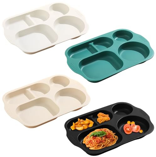 NOZVYCI 4 Stück Geteilte Speiseteller Set mit 5 Fächern Unzerbrechliche Kinderteller Plastik Platte Menüteller Unterteilt Mehrweg Tafelservice Plastikteller für Erwachsene Kinder [Dunkel Farbe]