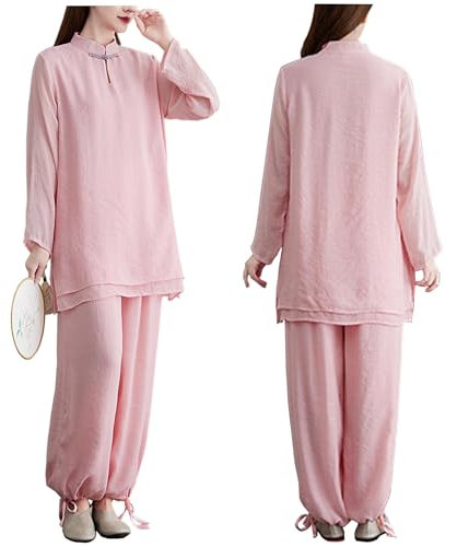 Costume d'arts Martiaux pour Femmes, Uniforme de Tai Chi en Coton et Lin, Costumes de Kung Fu pour Exercices du Matin pour Dames,Pink-M