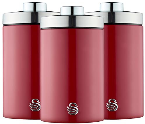 Swan Townhouse Set of 3 Storage Canisters, Stainless Steel, Airtight Lids, Colour Coated Iron and Chrome Accents, 1.6L, Red