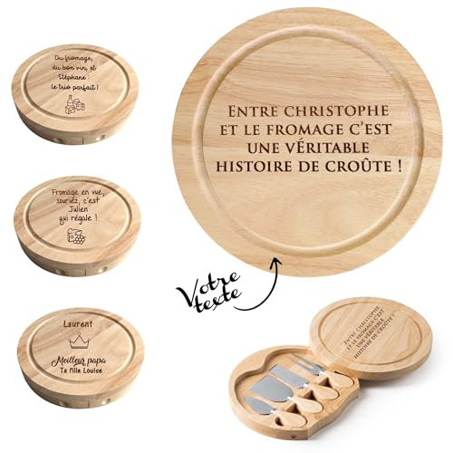 KDO MAGIC - Service à fromage personnalisable avec 4 ustensiles - Planche à découper en bois - Coffret en bois - Manche en bois - Coffret apéro - Cadeau homme, Noël, Fête des pères (Texte)